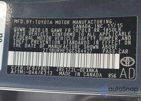 2016 Toyota Corolla Le from USA, damaged, VIN 2T1BURHE2GC564427